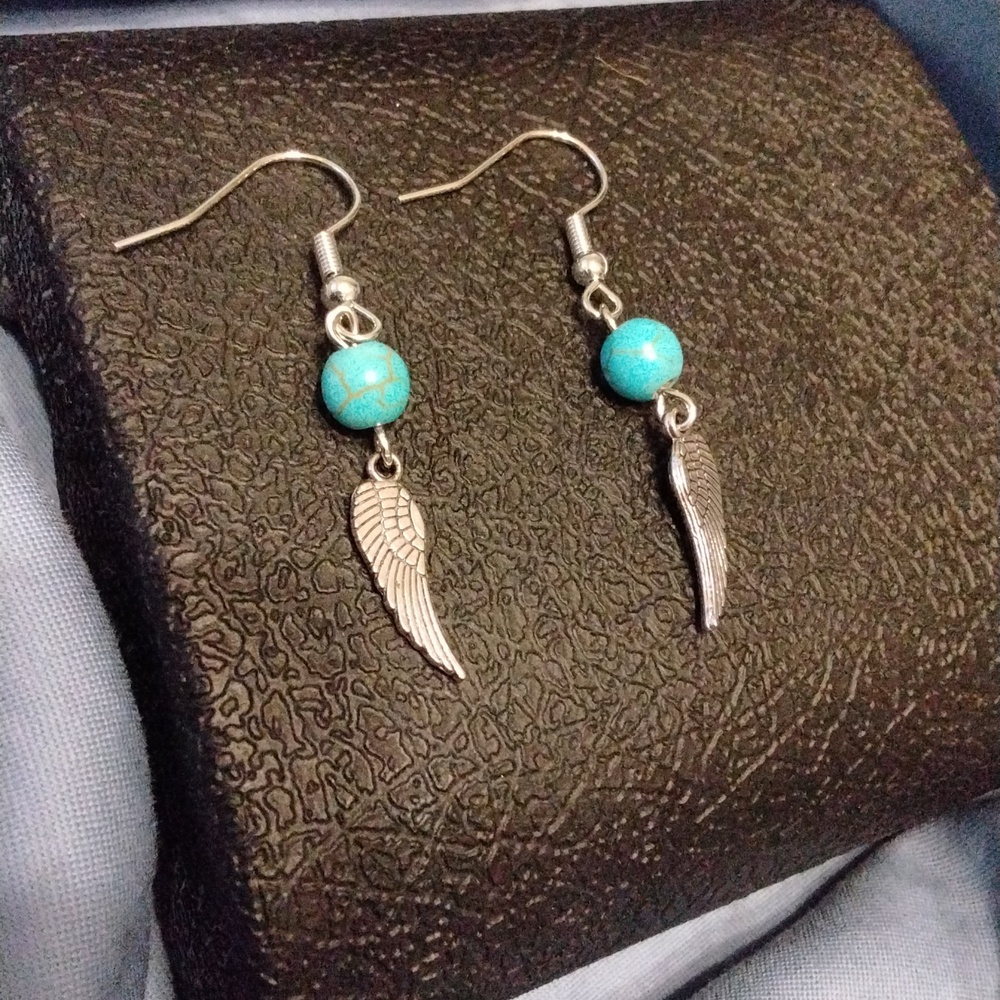 Women's Turquoise & Wing Charm Silver Tone Earrings NIP - Picture 2 of 3